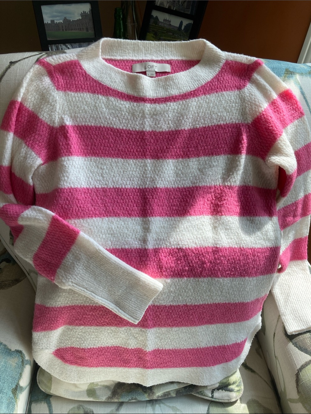 LOFT Pink and White Striped Crewneck Sweater